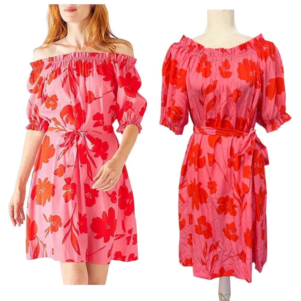 Mersea Womens Midi Dress Size L Floral Off Shoulder Short Puff Sleeve Feminine